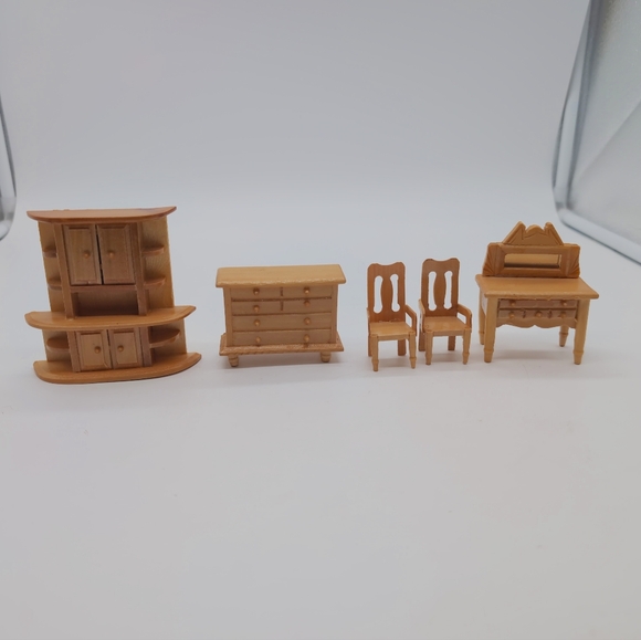 Miniature Wooden Dollhouse Furniture Lot Cabinet, Dresser, Vanity Chairs - Picture 2 of 4